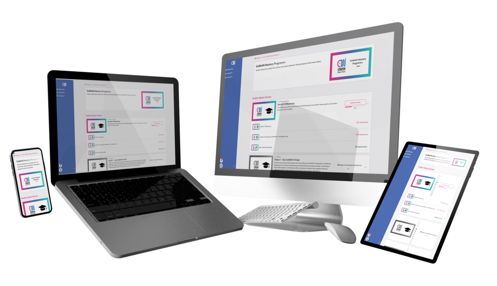 Darstellung der CoWeWi Mastery auf verschiedenen Endgeräten, um die Responsivität der Kurse darzustellen.