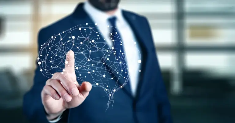 Führungskraft berührt ein digitales KI-Netzwerk als Symbol für KI und Führung im modernen Unternehmen.