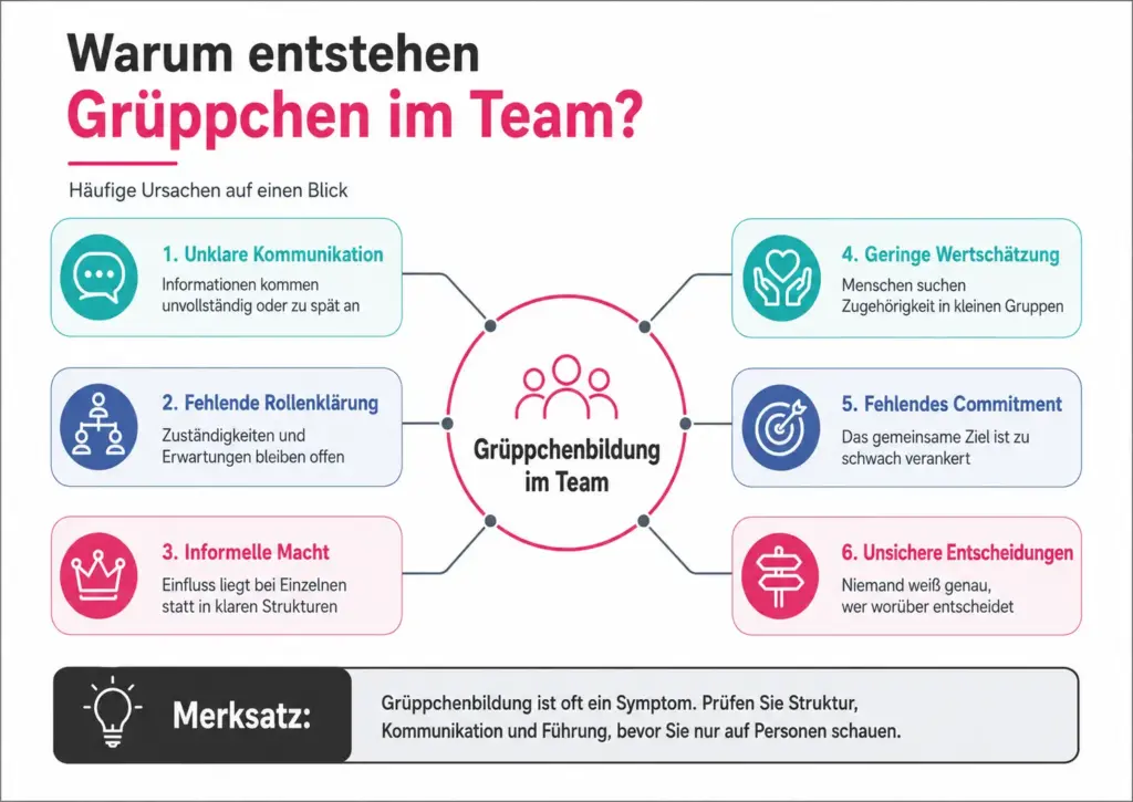 Infografik zu den Ursachen von Grüppchenbildung im Team. Genannt werden unklare Kommunikation, fehlende Rollenklarheit, informelle Macht, geringe Wertschätzung, fehlendes Commitment und unsichere Entscheidungen.