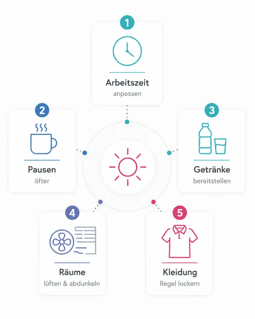 Infografik mit fünf Sofortmaßnahmen bei Hitze am Arbeitsplatz: Arbeitszeit anpassen, Pausen, Getränke, Räume und Kleidung.