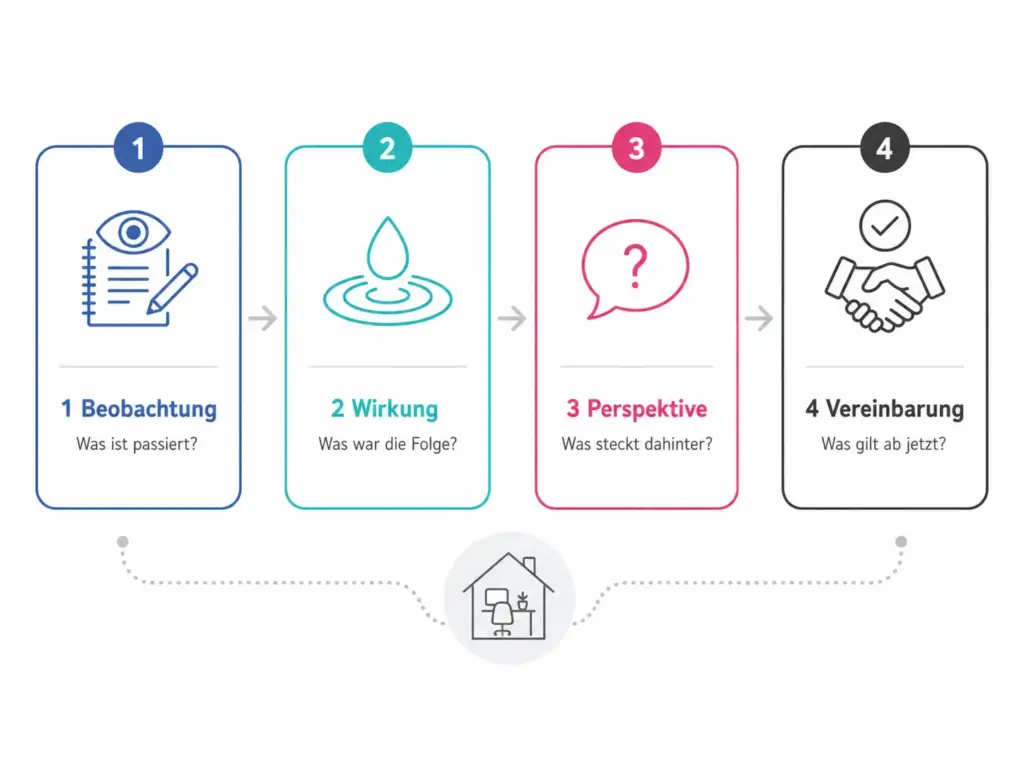 Infografik zum Gespräch, wenn ein Mitarbeiter nicht im Homeoffice arbeitet: Beobachtung, Wirkung, Perspektive und Vereinbarung.