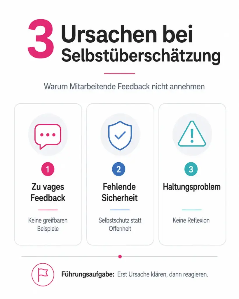 Infografik zur Selbsteinschätzung Mitarbeiter mit drei Ursachen für Selbstüberschätzung: zu vages Feedback, fehlende Sicherheit und Haltungsproblem.