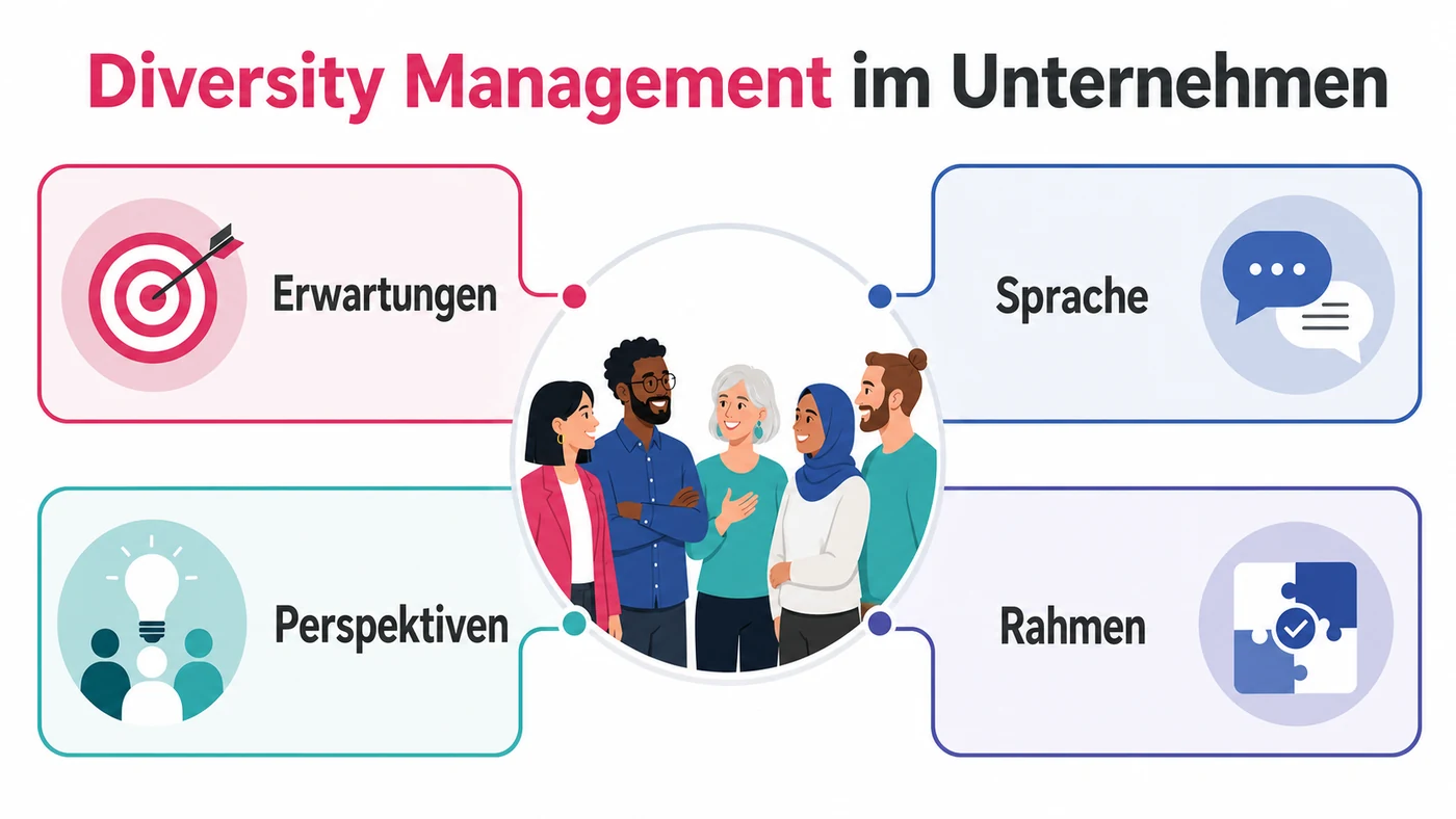 Infografik zu Diversity Management im Unternehmen mit Bewusstsein, Sprache und gemeinsamer Arbeitskultur