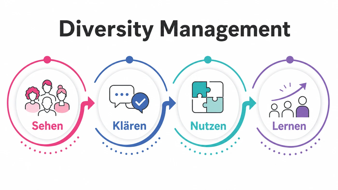 Infografik zu Diversity Management im Unternehmen mit Fragen zu Vorannahmen, Intention und gemeinsamer Arbeitskultur