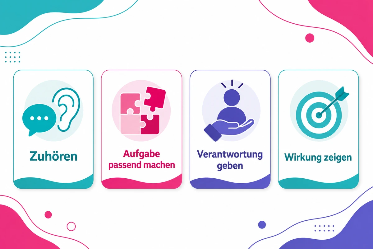 Infografik: intrinsische Motivation fördern durch Zuhören, passende Aufgaben, Verantwortung und Wirkung