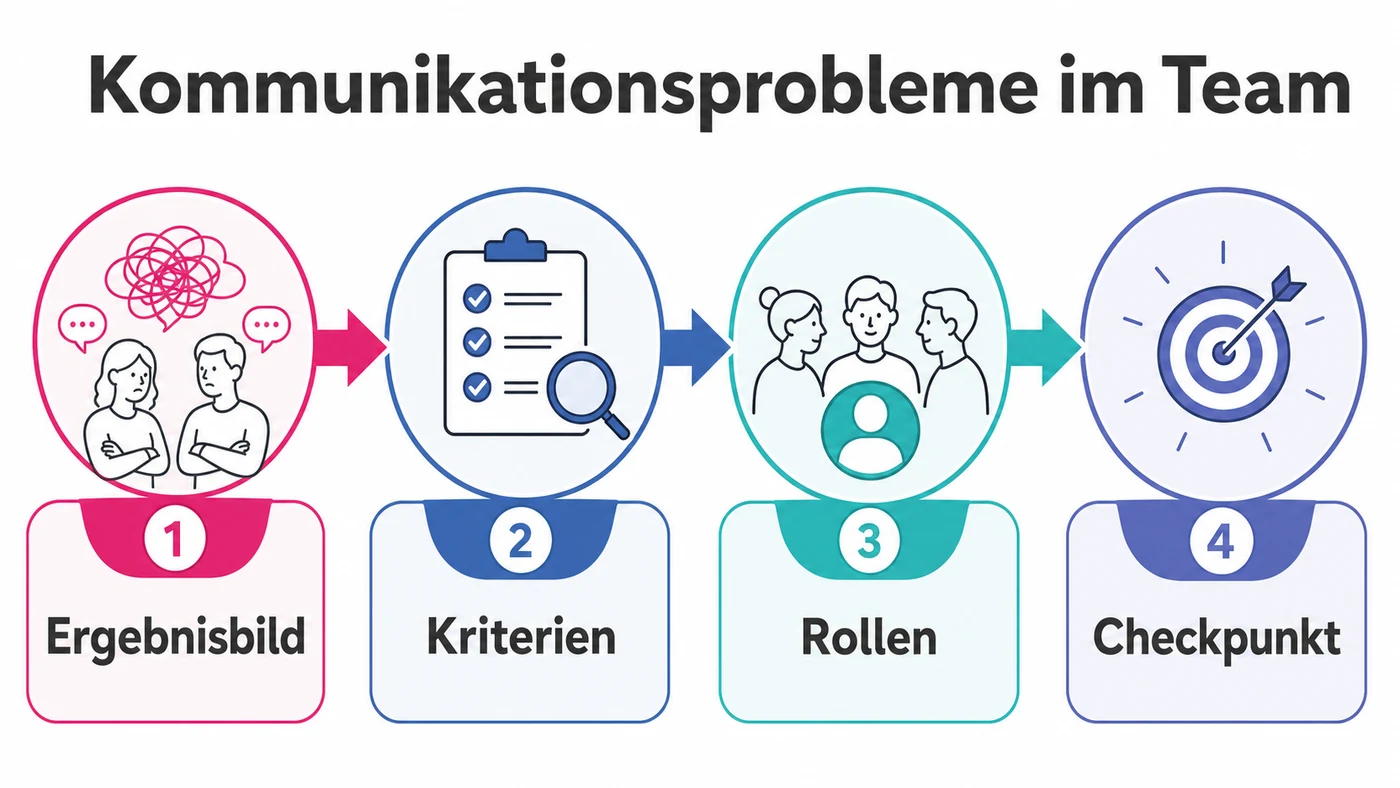 Infografik zu Kommunikationsprobleme im Team mit Fragen zu Ziel, Wirkung, Leitplanken und Feedback