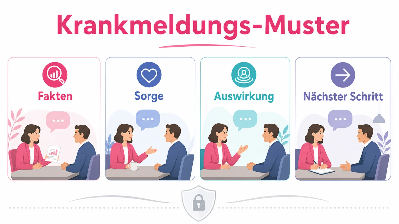 Infografik zum Thema Krankmeldungs-Muster: Gespräch, Teamlast und resiliente Planung verbinden
