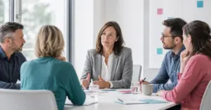 Führungskraft führt Krisenkommunikation mit ihrem Team in einem ruhigen Gespräch