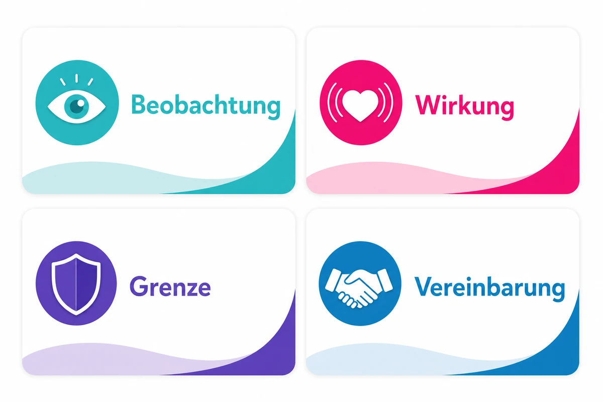 Infografik zu Lästern am Arbeitsplatz mit Beobachtung, Wirkung, Grenze und Vereinbarung