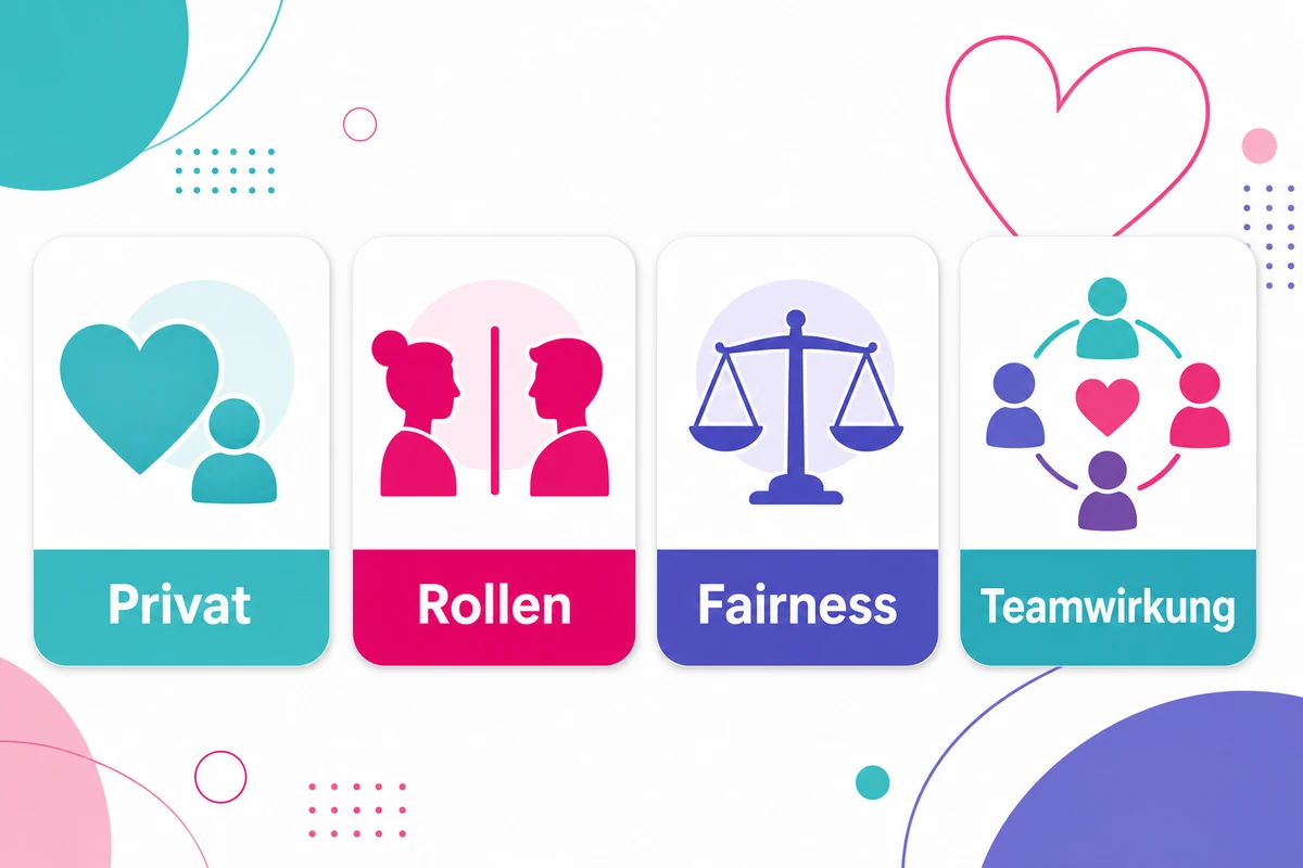 Infografik zu Liebe im Büro mit Privatheit, Rollen, Fairness und Teamwirkung