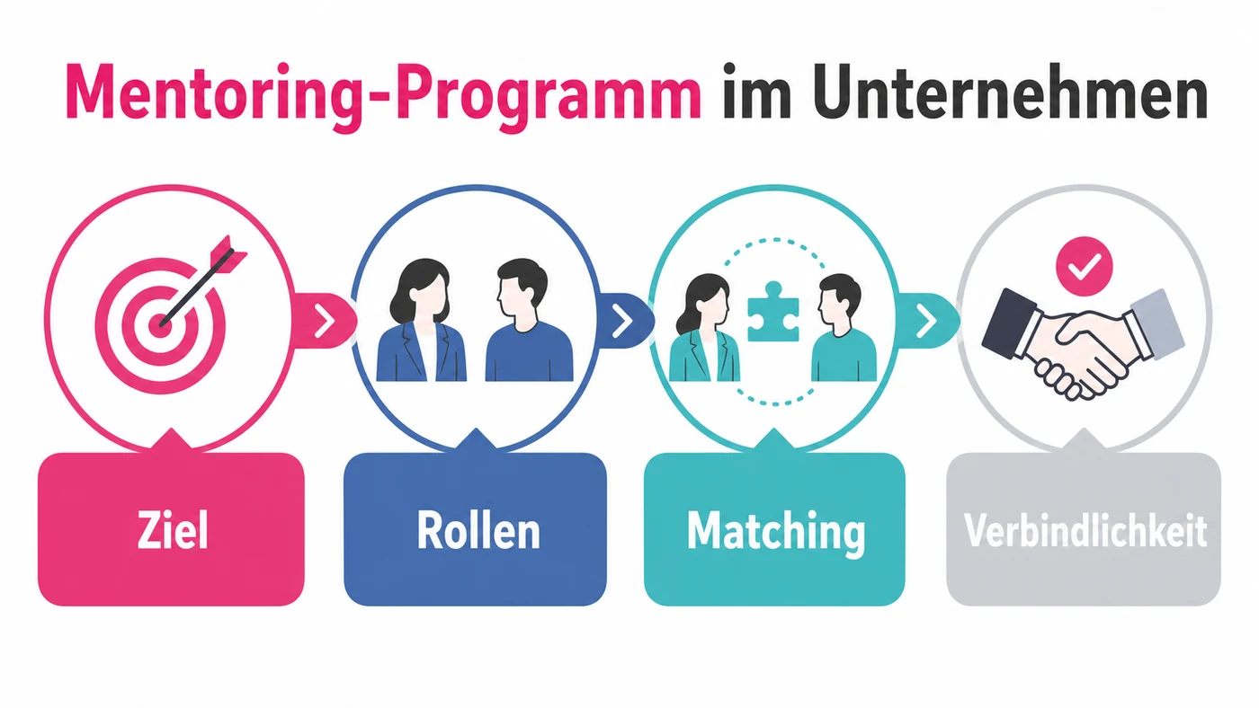 Infografik zum Thema Mentoring-Programm im Unternehmen: Ziel, Erfahrungswissen, Matching und Rollen klären