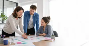 Führungskraft bespricht Nachfolgeplanung mit Mitarbeitenden im Team