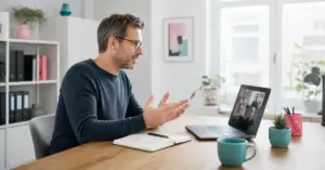 Beitragsbild zum Thema produktiv im Homeoffice mit Führungskraft im Videocall