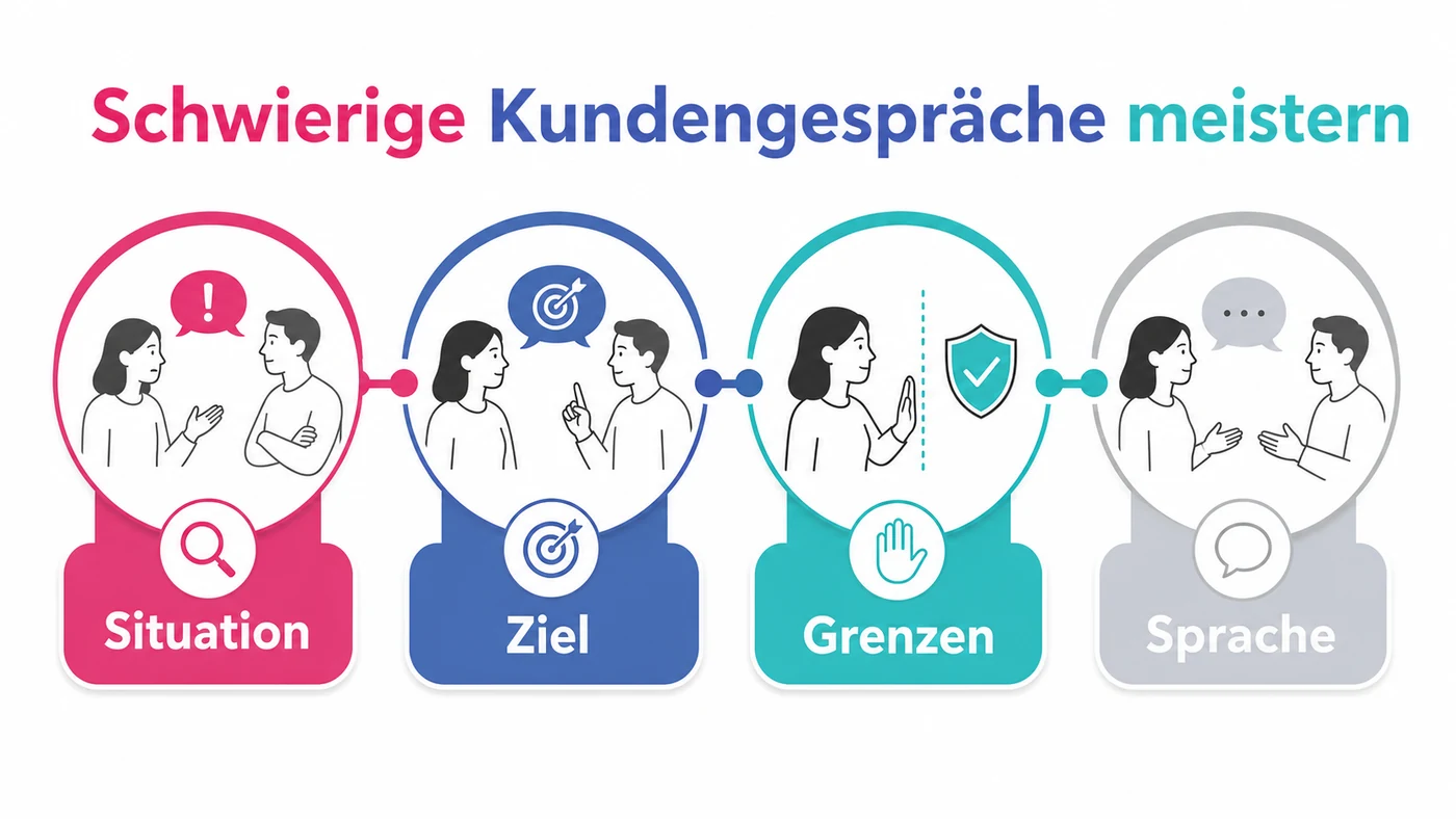 Infografik zum Thema schwierige Kundengespräche meistern: Kundenanliegen, Unternehmensgrenze und Teamrückhalt klären