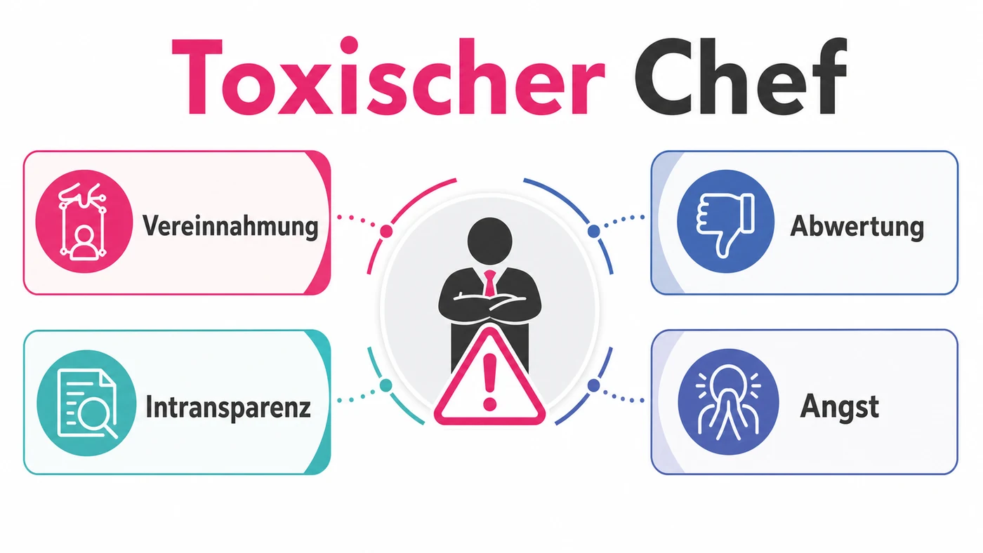 Infografik zum Thema toxischer Chef: Muster beobachten, Beispiele dokumentieren und Risiko einschätzen