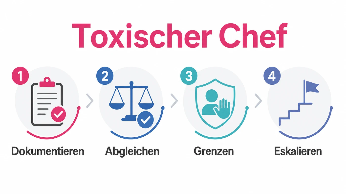 Infografik zum Thema toxischer Chef: Sichtbarkeit sichern, Gespräch führen und Schutz entscheiden