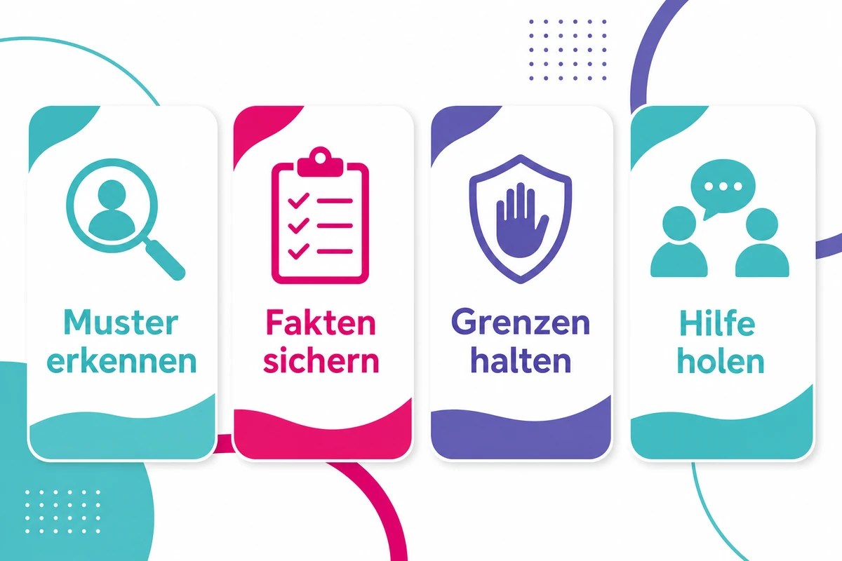 Infografik zum Umgang mit narzisstischem Chef mit Muster erkennen, Fakten sichern, Grenzen halten und Hilfe holen