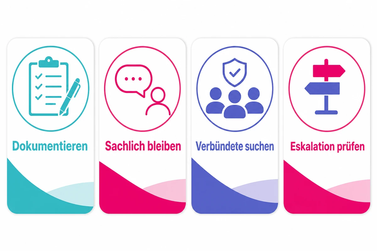Infografik zum Umgang mit narzisstischem Chef mit Dokumentieren, sachlich bleiben, Verbündete suchen und Eskalation prüfen