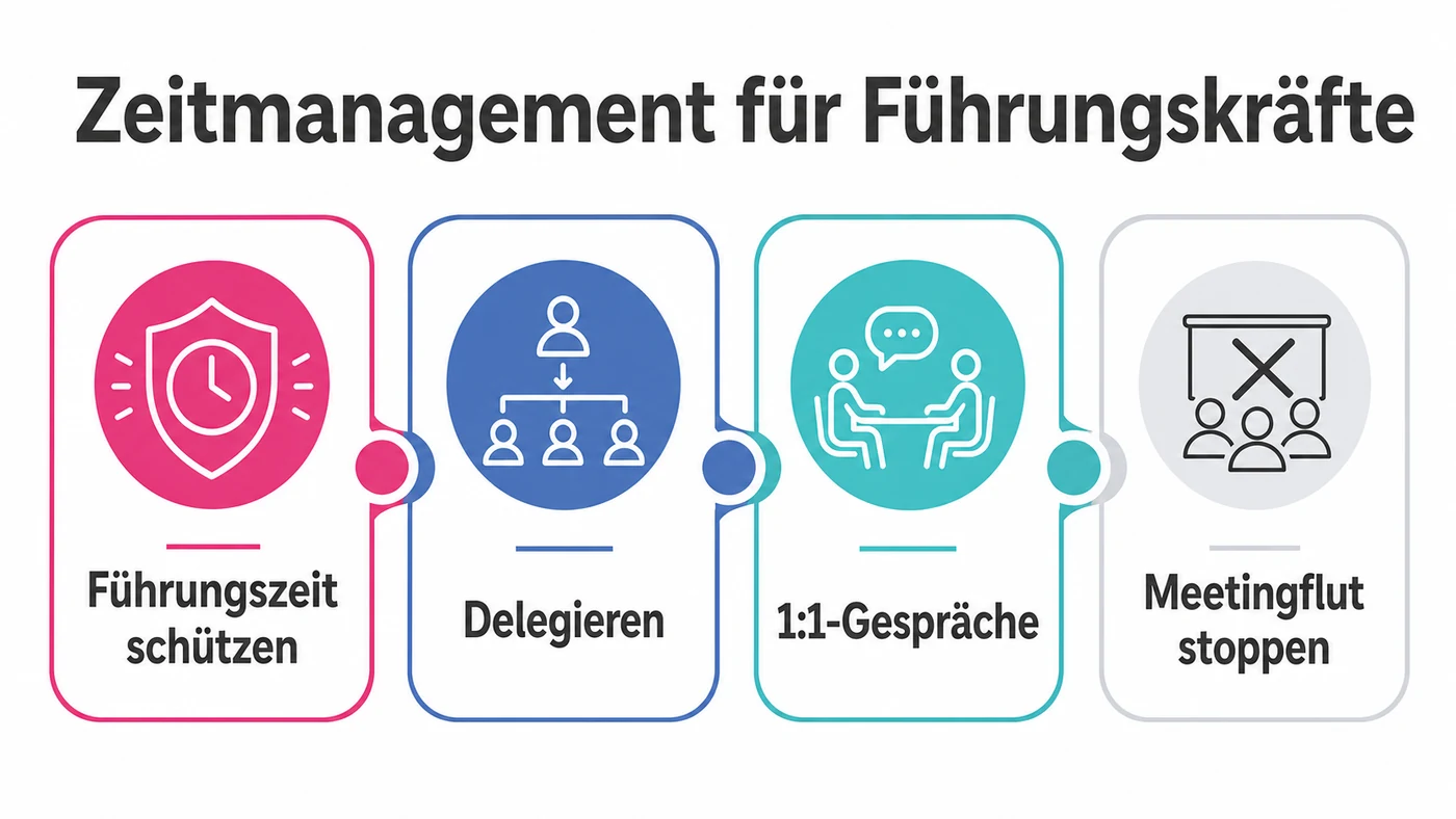 Infografik zum Zeitmanagement für Führungskräfte mit Priorisieren, Delegieren und Führungszeit schützen