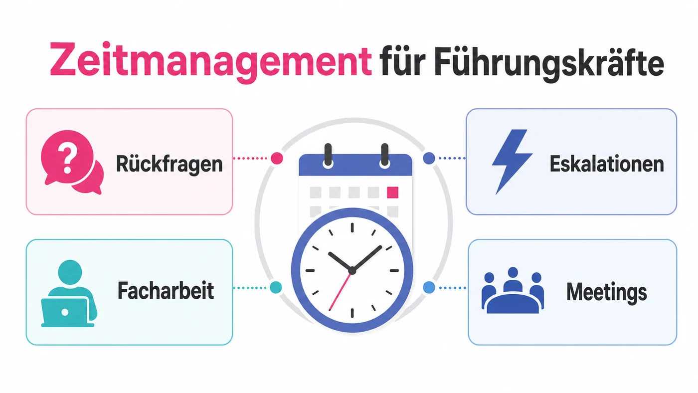 Infografik zum Zeitmanagement für Führungskräfte mit Fragen für bessere Delegation und weniger Rückfragen