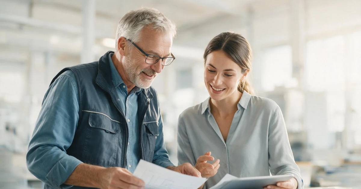 Erfahrener und junger Mitarbeitender besprechen gemeinsam Unterlagen als Symbol für den demografischen Wandel am Arbeitsmarkt