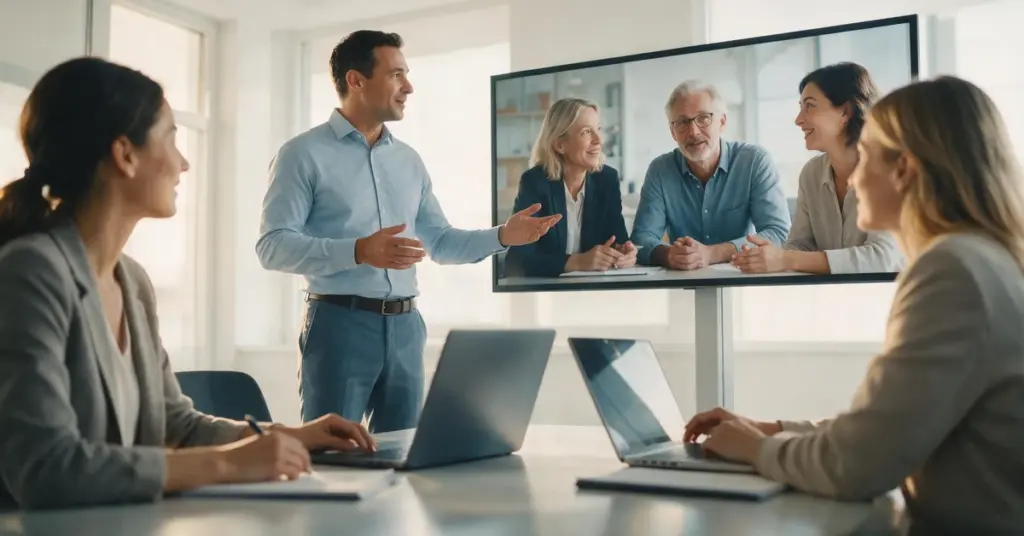 Führungskraft leitet ein hybrides Meeting mit Team im Büro und Kolleginnen per Bildschirm
