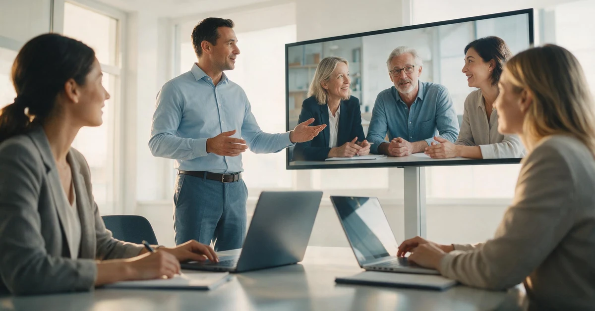 Führungskraft leitet ein hybrides Meeting mit Team im Büro und Kolleginnen per Bildschirm