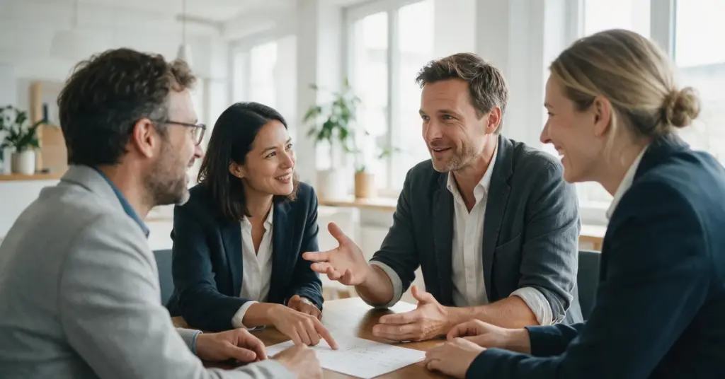 Führungskraft bespricht Mitarbeiterbeteiligung an der Strategie mit ihrem Team im Büro