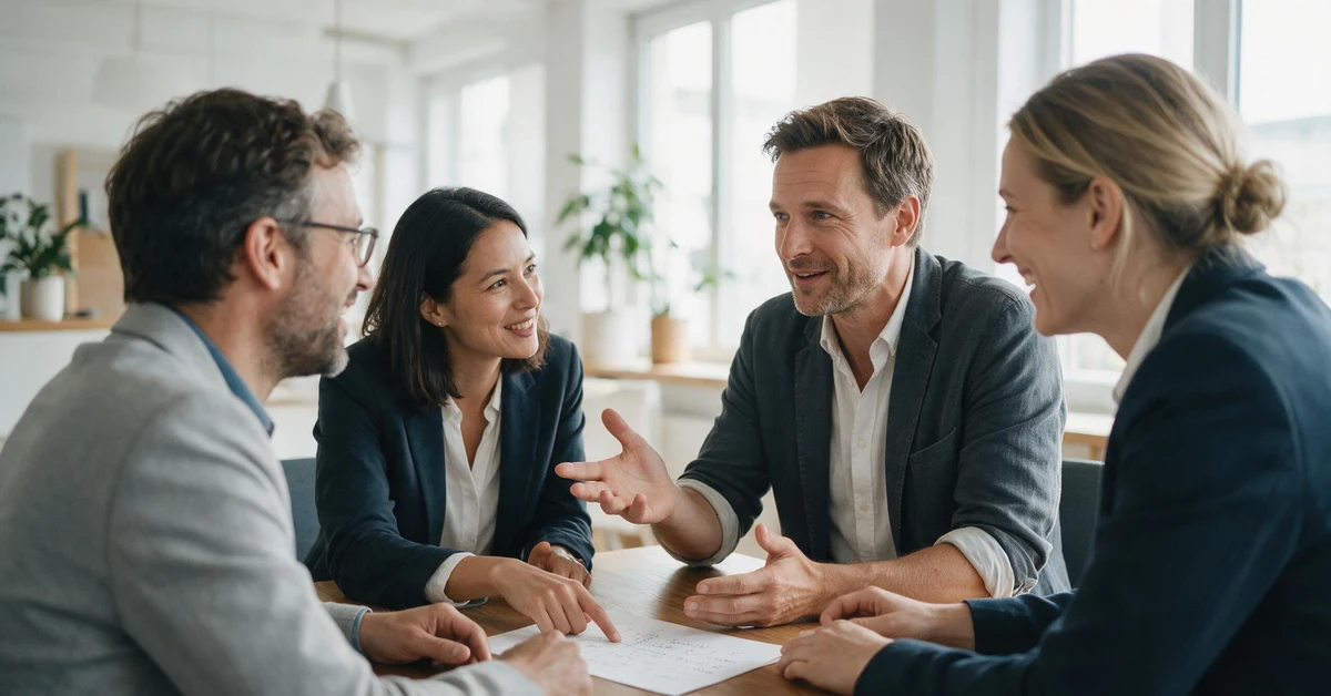 Führungskraft bespricht Mitarbeiterbeteiligung an der Strategie mit ihrem Team im Büro