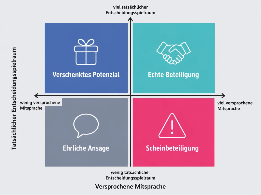 Vier-Felder-Matrix zeigt echte Mitarbeiterbeteiligung im Vergleich zu Scheinbeteiligung