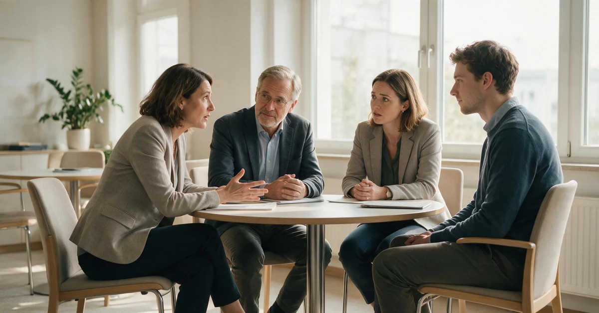 Vier Kolleginnen und Kollegen diskutieren engagiert über Politik am Arbeitsplatz an einem runden Tisch
