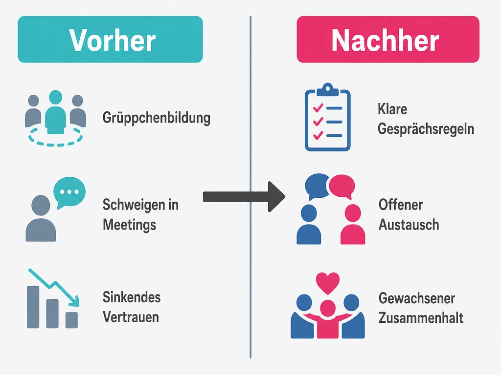 Infografik zu Politik am Arbeitsplatz: Team vorher und nachher im Vergleich