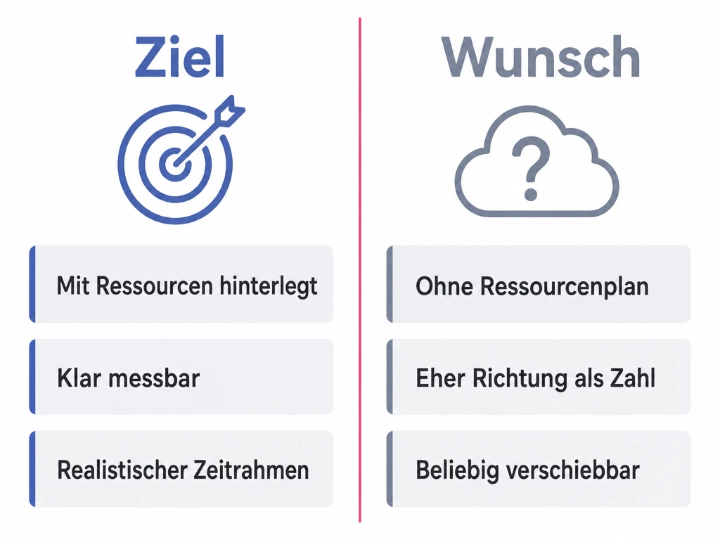 Vergleich zeigt Merkmale eines echten Ziels und eines bloßen Wunsches beim Erwartungsmanagement