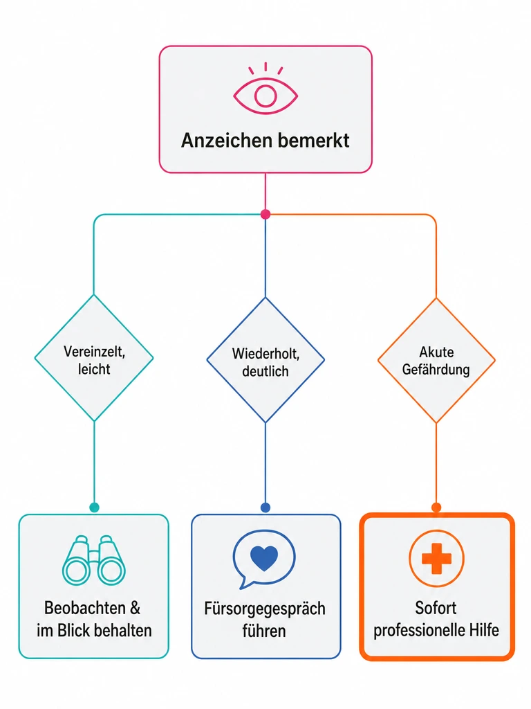 Entscheidungsbaum zeigt gestufte Reaktion auf psychische Belastung am Arbeitsplatz je nach Schweregrad